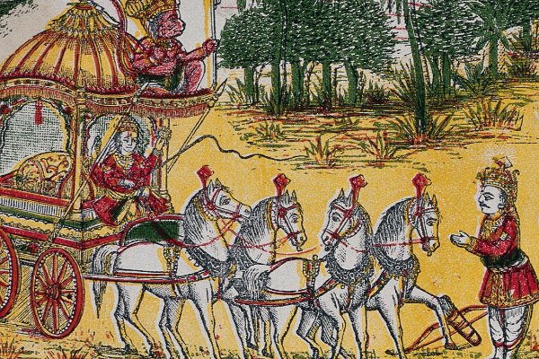 An Indian lithograph: Krishna drives a team of four white horses from a gold-canopied chariot while the warrior Arjuna stands at right with folded hands, receiving the teaching.