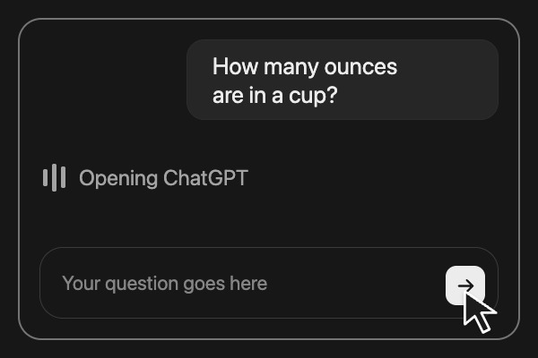 A sent question above "Opening ChatGPT", with the composer and pointer at send below.