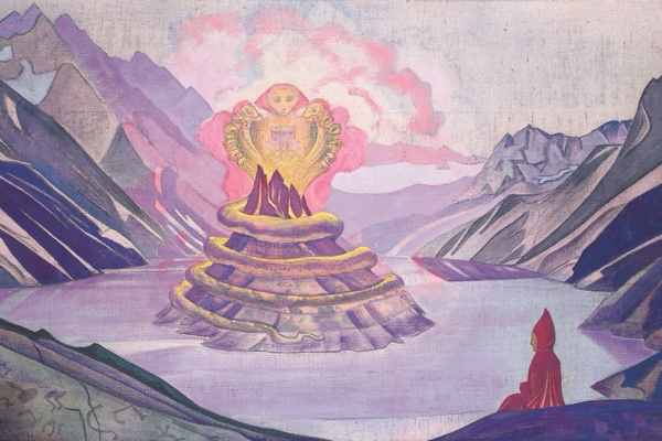 Nicholas Roerich's 1925 painting: a small red-robed monk at the edge of a violet lake faces a towering golden serpent coiling out of the water against pink clouds and pale mountains.