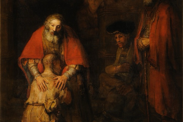 Rembrandt's painting The Return of the Prodigal Son: a bearded father in a deep red cloak bends over his kneeling, ragged son, both hands resting on the son's back, with onlookers standing in shadow to the right.