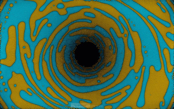 The Ghost in the Swarm: teal and gold particles spiraling into concentric bands around a dark vortex eye.