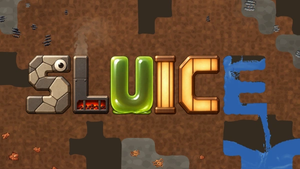 Sluice logo with stone, a smoking furnace, green slime, bathhouse lanterns, and water flowing from the E.