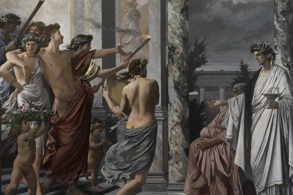 A detail of Anselm Feuerbach's Das Gastmahl: a torch-lit procession of garlanded revelers at left, a laurel-crowned host in white robes greeted by an older bearded man at right.