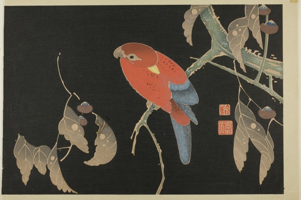A Japanese woodblock print: a vermilion-red parrot with blue tail feathers perched on a branch against a solid black ground, dried leaves and seedpods around it, two red seals. After Itō Jakuchū, Red Parrot.